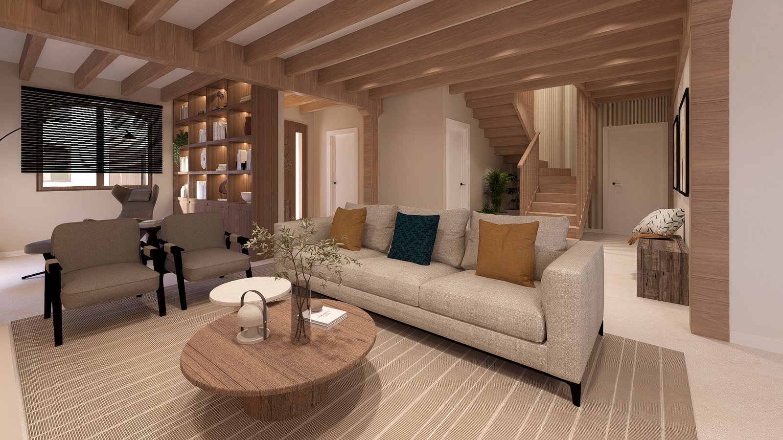 Salón con vigas de madera de chalet unifamiliar en León